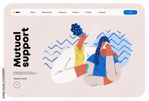 Mutual Support: Emotional aid and support -modern flat vector concept illustration of a woman comforting her friend in her sorrow A metaphor of voluntary, collaborative exchanges of resource, services