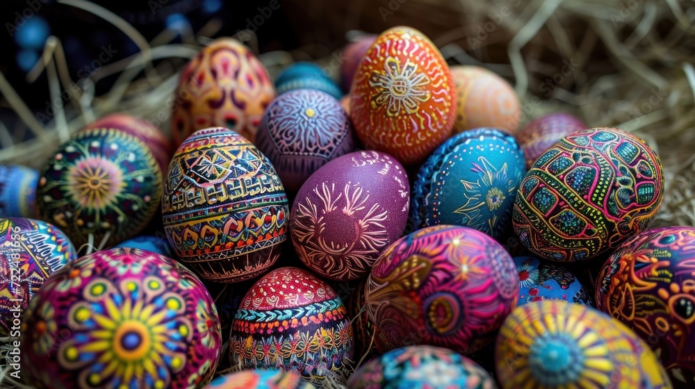a pile of colorful painted eggs sitting on top of a bed of hay next to a pile of dry grass. a pile of colorful painted eggs sitting on top of a bed of hay next to a pile of dry grass.