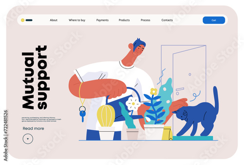 Mutual Support: Look after neighbor's house -modern flat vector concept illustration of man watering plants, looking after neighbors' cat A metaphor of voluntary, collaborative exchanges of services