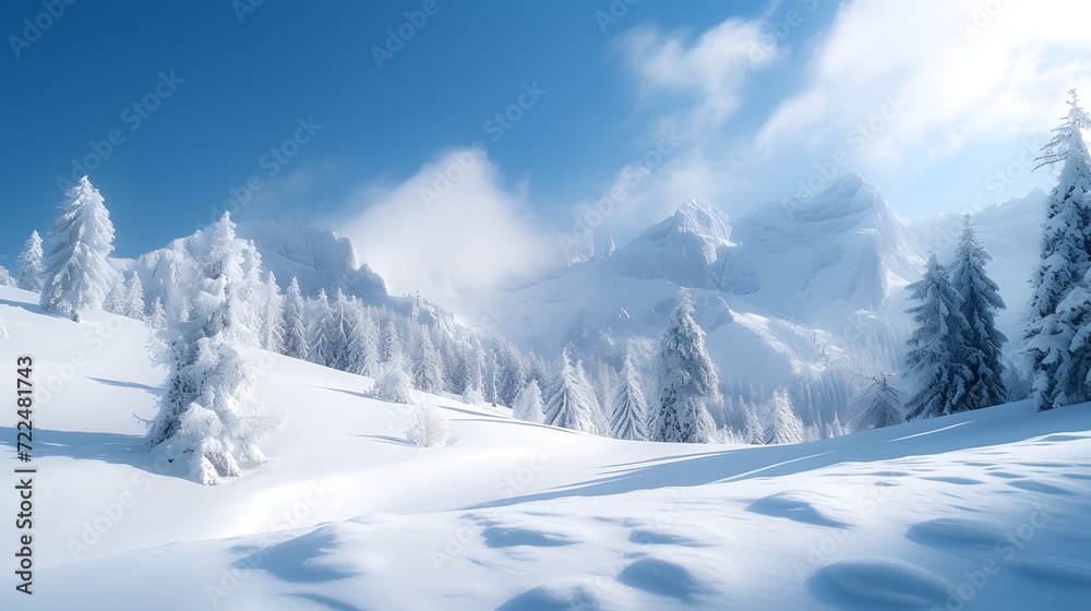 snow-covered landscape, with glistening white peaks and trees creating a winter wonderland that is both magical and serene
