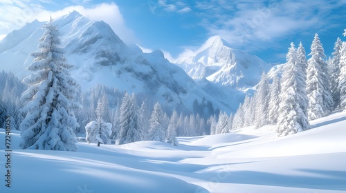 snow-covered landscape, with glistening white peaks and trees creating a winter wonderland that is both magical and serene