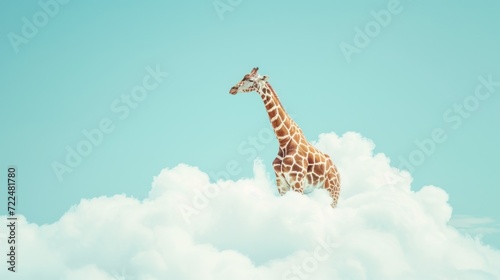  a giraffe standing in the middle of a cloud filled sky with a bright blue sky in the background.