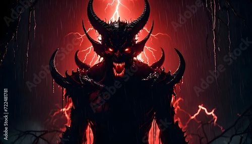 Scary demon with glowing red eyes and fangs during a thunderstorm with red lightening