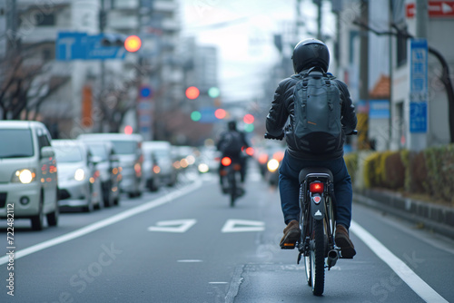An oriental man rides a bicycle on a crowded city street, city commuting photo. © Chebix