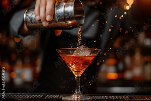 Bartender pouring fresh liquid into drinking glass at bar counter generated by AI photo