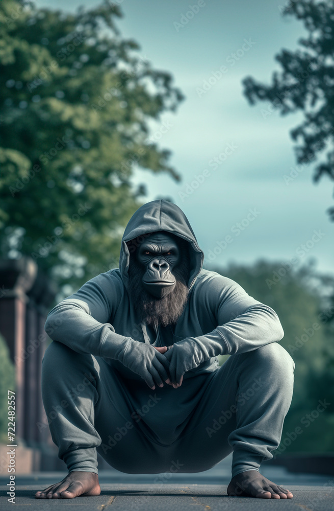 Gorilla dressed in tracksuit, squatting with determination before training, demonstrating strength generated with captivating ai. Gorilla dressed in tracksuit, squatting with determination before training, demonstrating strength generated with captivating ai.