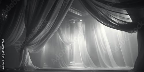 A stage with sheer curtains and a stage light. Perfect for theater performances or live events photo