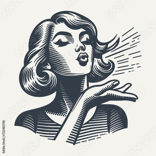 Retro Girl Blowing a Kiss. Vintage woodcut engraving style vector illustration.