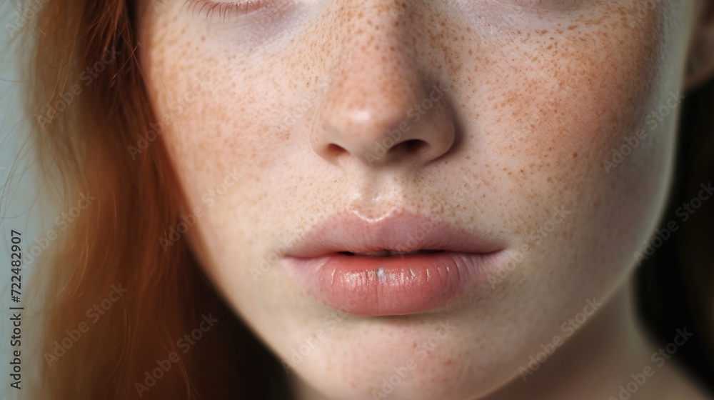 Obraz premium A detailed close up of a woman's face showcasing her unique freckles. This image can be used to promote natural beauty or skincare products