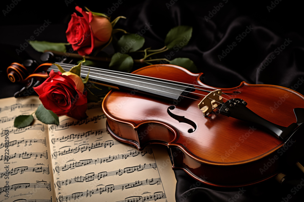 Fototapeta premium Violin with sheet music and red roses
