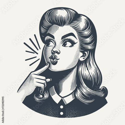 Retro Girl Thinking. Vintage woodcut engraving style vector illustration.