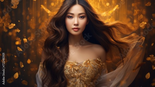 Fashion Woman in Luxury Golden Dress. Neural network AI generated art