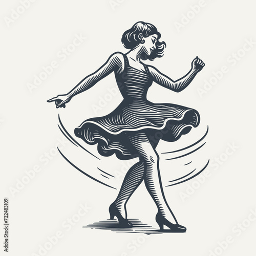 Retro Girl with a Dress Dancing. Vintage woodcut engraving style vector illustration.
