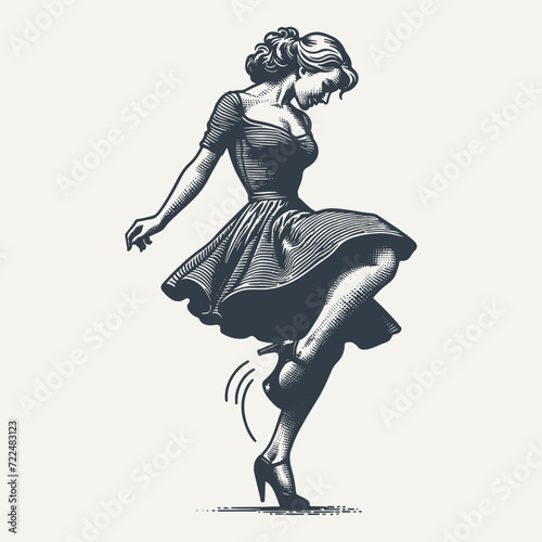 Retro Girl with a Dress Dancing. Vintage woodcut engraving style vector illustration. photo