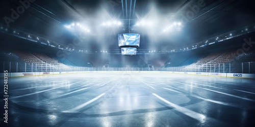 An empty hockey rink with lights shining on the ice. Perfect for sports-related designs and concepts © Fotograf