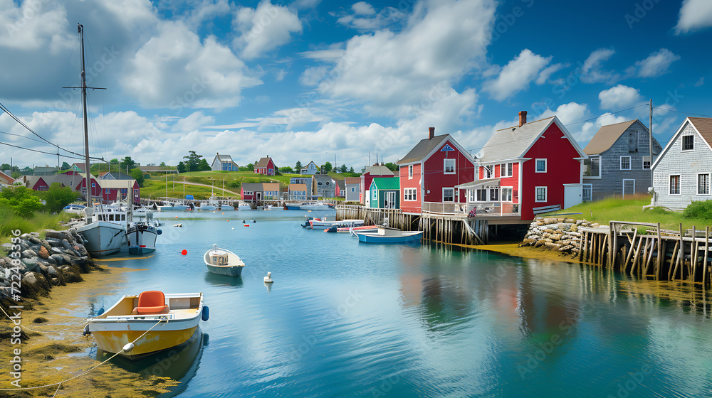Serene and idyllic fishing village adorned with colorful boats, surrounded by shimmering waters and charming waterfront.
