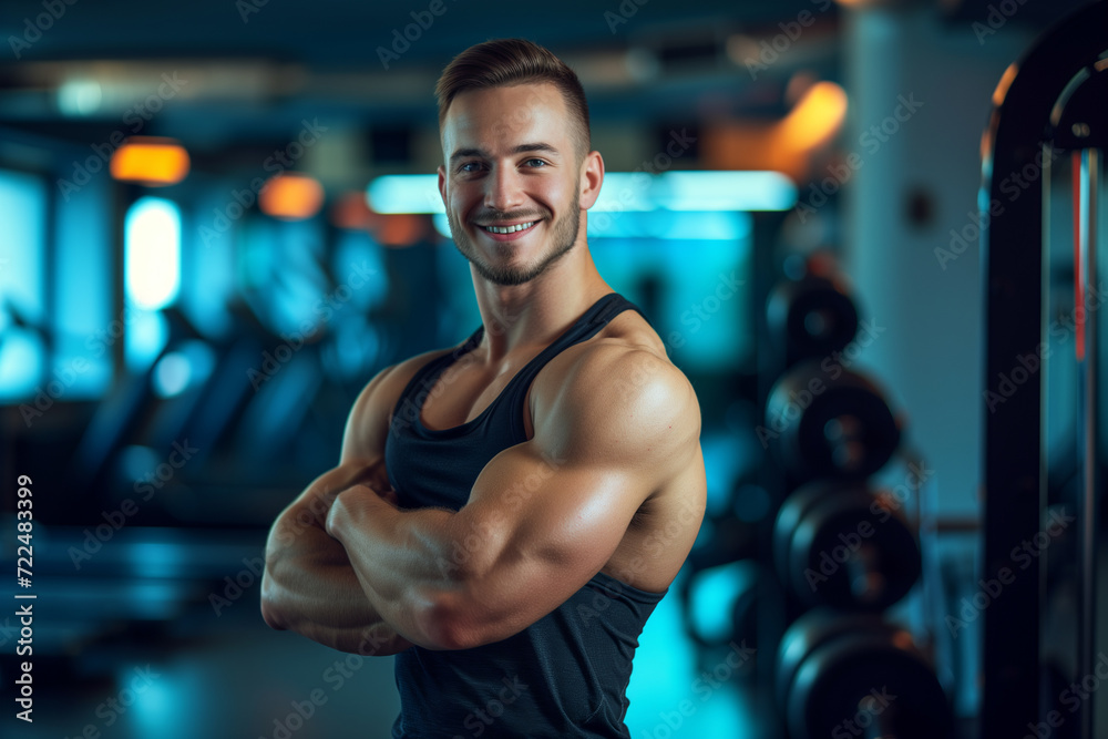 Portrait of sporty man in gym. Happy athletic fit muscular man in fitness center Portrait of sporty man in gym. Happy athletic fit muscular man in fitness center