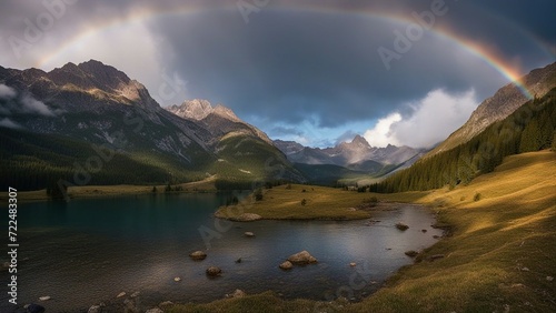 sunrise over the lake A landscape nature mountain in Alps with rainbow. The mountain is high and majestic, 