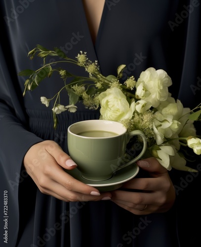  a close up of a person holding a cup and saucer with a bouquet of flowers on a saucer.