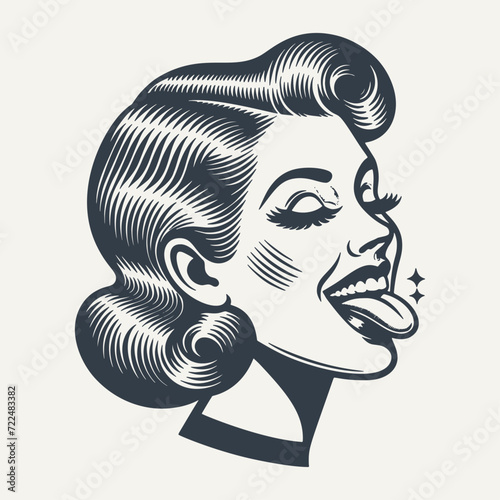 Quirky retro girl showing here tongue. Vintage woodcut engraving style vector illustration.