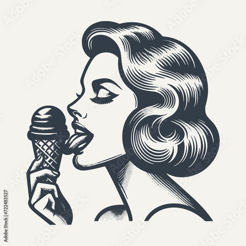 Retro girl licking icecream. Vintage woodcut engraving style vector illustration. photo