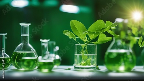 tube with green leaf biology laboratory nature and science, plants with biochemistry structure and chemical formula 
