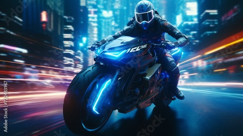 Motorcycle racing in future neon city. Neural network AI generated art © mehaniq41