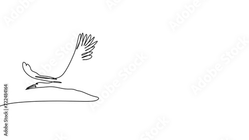 Animated self drawing of continuous line draw boy, girl flying with stork together. Children fly and sitting on back stork bird at sky. Kids learning to ride cute stork. Full length one line animation