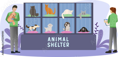animal shelter vector illustration, pets sitting in cages and volunteers holding a dog