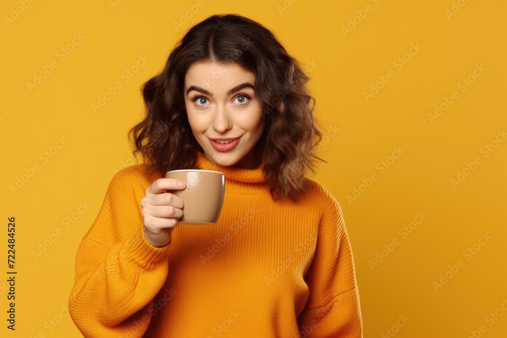 A woman in an orange sweater holding a cup of coffee. Perfect for cozy autumn or winter-themed designs A woman in an orange sweater holding a cup of coffee. Perfect for cozy autumn or winter-themed designs