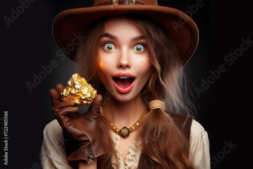 gold rush, portrait of a girl prospector with a surprised facial expression who is holding a gold nugget. ai generative