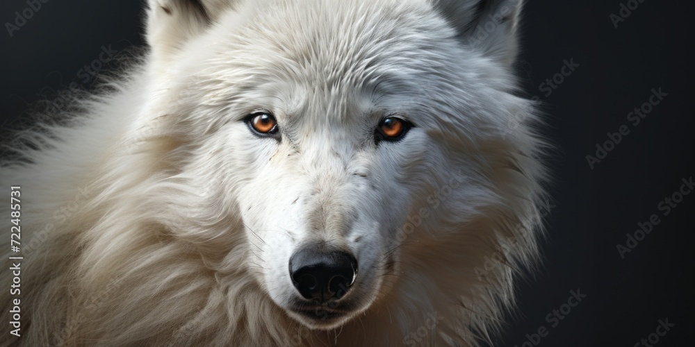 Obraz premium A detailed view of a white wolf with striking orange eyes. Perfect for wildlife enthusiasts and animal lovers