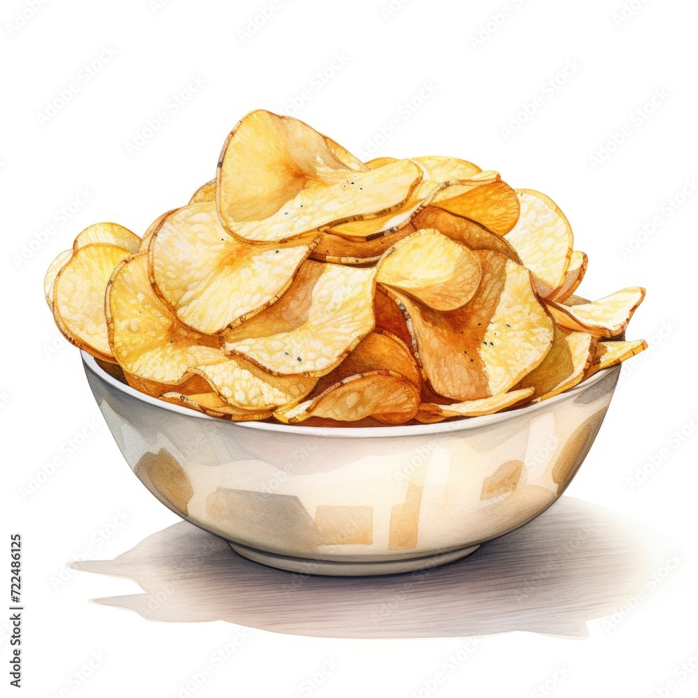 Watercolor-Style bowl of Potato Chips with White Background Watercolor-Style bowl of Potato Chips with White Background