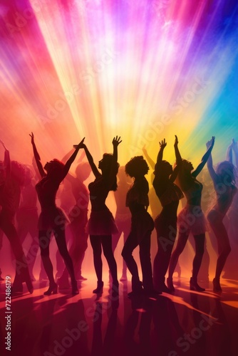 A vibrant image capturing a group of people dancing in front of a mesmerizing display of colorful lights. Perfect for adding energy and excitement to any project or event