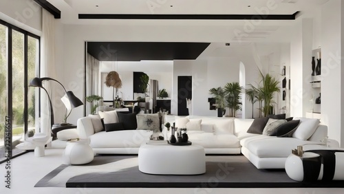 Modern Living Room Interior with Elegant White Furniture, Black Accents, and Natural Light photo