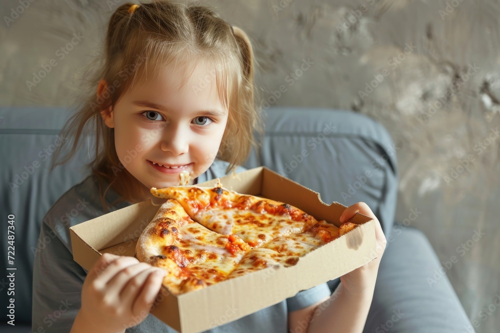 Cute little girl eating pizza at home in the living room. Child with obesity. Overweight and obesity concept. Obesity Concept with Copy Space.