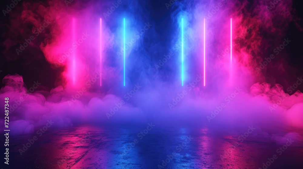 Modern neon stage background, empty dark space with smoke and lines of led blue and red light. Futuristic design of abstract scene. Concept of room, hall, studio