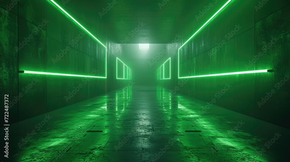 Modern concrete tunnel background, perspective view of dark garage and lines of green neon light. Futuristic empty grungy hallway. Concept of cyberpunk room, hall interior, studio