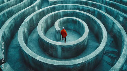 Person stands in center of round concrete labyrinth alone, man solution is deadlocked in surreal maze. Concept of problem, lost, uncertainty, deadlock, way, impasse and dead end. photo
