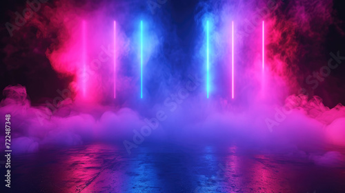 Modern neon stage background, empty dark space with smoke and lines of led blue and red light. Futuristic design of abstract scene. Concept of room, hall, studio