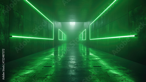 Obraz na płótnie Modern concrete tunnel background, perspective view of dark garage and lines of green neon light. Futuristic empty grungy hallway. Concept of cyberpunk room, hall interior, studio w salonie