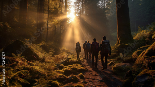 Hikers walk in forest at sunset or sunrise, group of people in pine woods. Scenic view of men, sunlight and trees in summer. Concept of hiking, journey, nature and travel