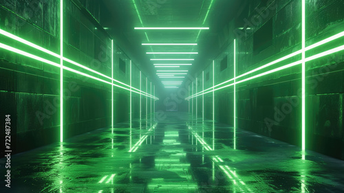 Modern concrete tunnel background, perspective view of dark garage with lines of green neon light. Futuristic empty abstract hallway. Concept of cyberpunk room, hall interior, studio.
