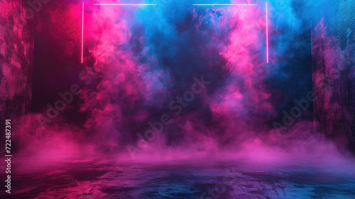 Modern neon stage background, empty dark concrete room with smoke and blue red light. Futuristic design of abstract garage. Concept of cyberpunk hall interior, studio