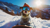 Portrait of dog on snowboard on ski slope in winter, funny pet in sunglasses and hat poses for photo on mountain background. Concept of sport, snow, resort, vacation and travel.