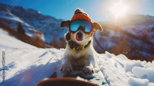 Portrait of dog on snowboard on ski slope in winter, funny pet in sunglasses and hat poses for photo on mountain background. Concept of sport, snow, resort, vacation and travel. photo