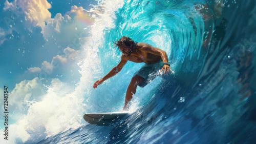 Surfer rides big sea wave in barrel, man and surf in ocean, male person slides in water tube. Concept of sport, travel, extreme, people, vacation, beach
