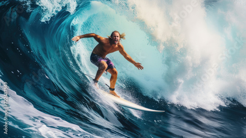 Surfer rides big sea wave in barrel, man screams with delight from surfing in ocean, male person slides in water tube. Concept of sport, travel, extreme, people, vacation, beach