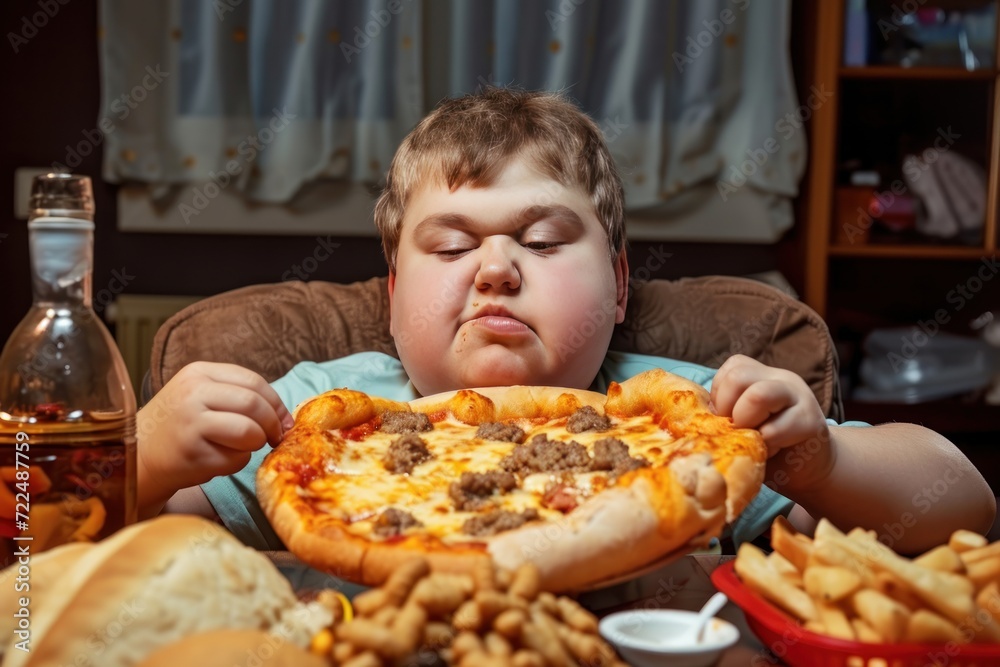 Little boy eating pizza at home. The concept of fast food. Child with obesity. Overweight and obesity concept. Obesity Concept with Copy Space.