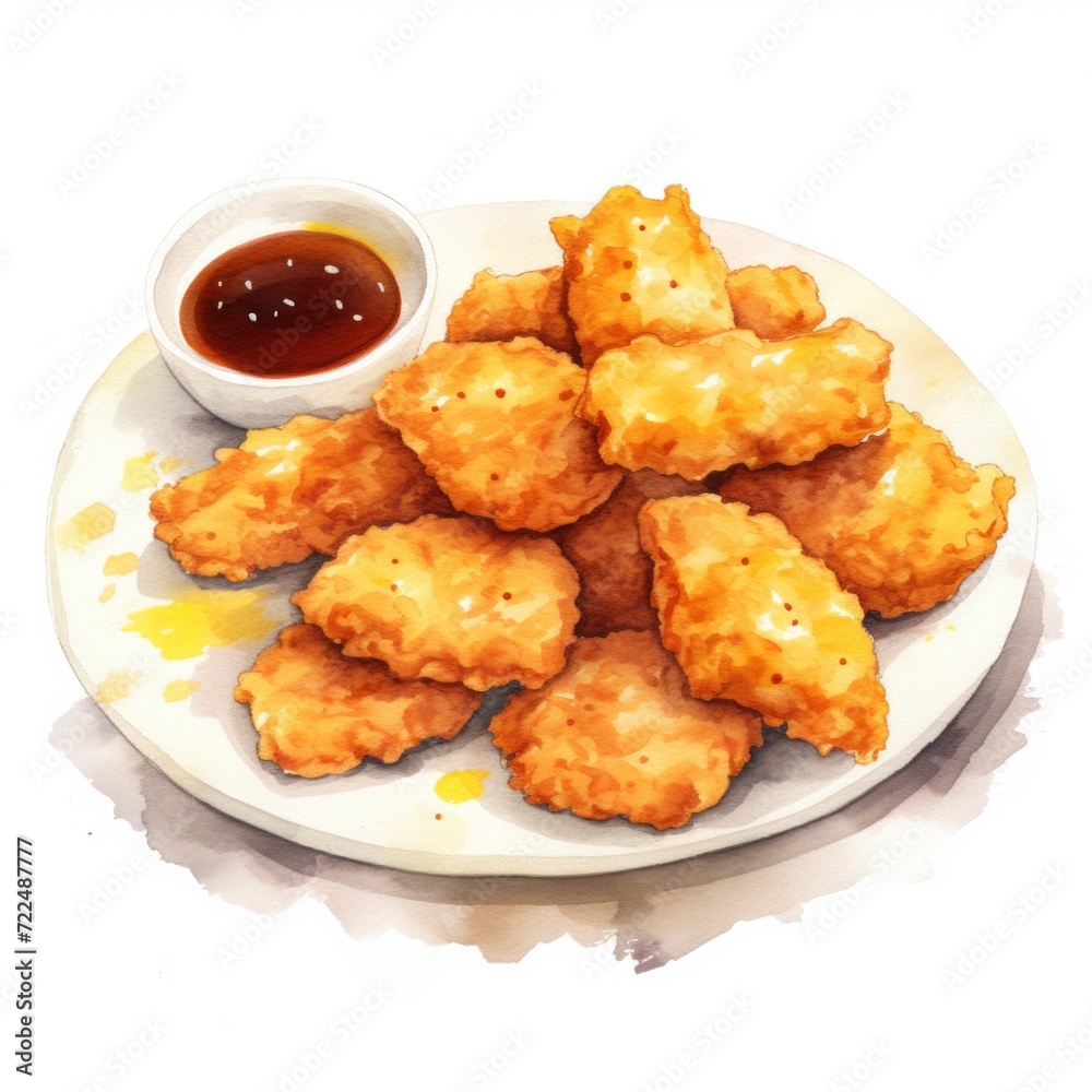 Watercolor-Style Crispy and delicious fried chicken nuggets with White Background Watercolor-Style Crispy and delicious fried chicken nuggets with White Background